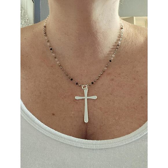 Modern Sterling Silver Cross Necklace Black Grey Rosary Adjustable Chain Gothic - Picture 6 of 8